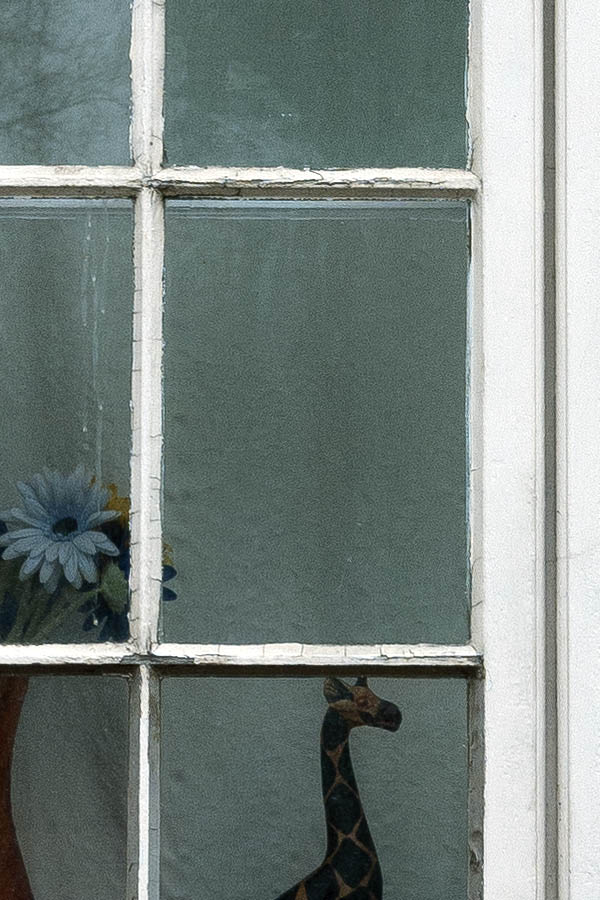 Photo 17197: Worn, white and teal window with two frames and 16 panes