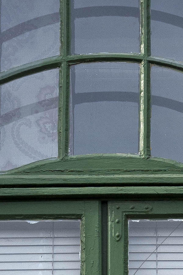 Photo 17560: Formed, green window with three frames and 17 panes