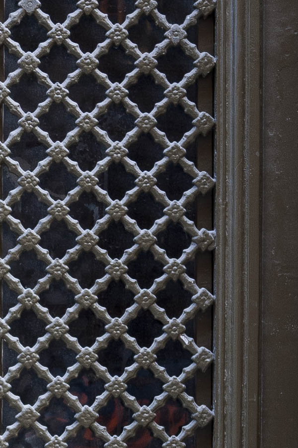 Photo 17644: Panelled, carved, latticed, brown double door with door lights and top window