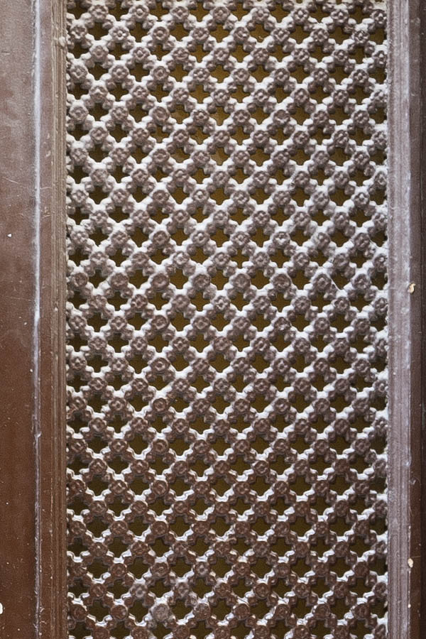 Photo 17810: Worn, panelled, latticed, brown double door