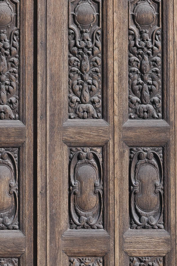 Photo 18132: Panelled, carved, brown double door with formed, round top window