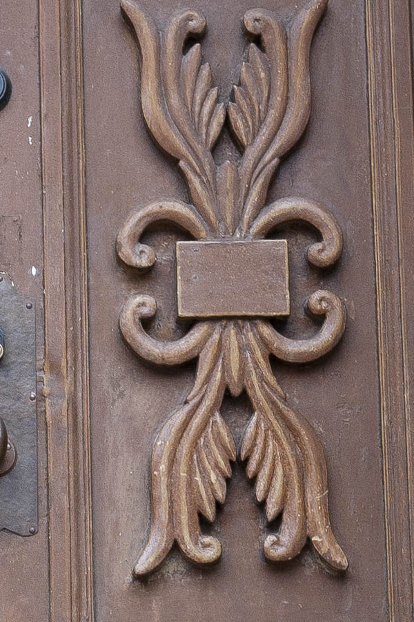 Photo 18658: Carved, panelled, brown double door with formed door lights and top window