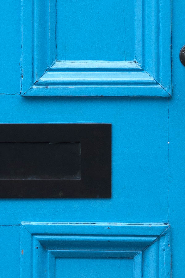 Photo 18731: Panelled, turquoise door with white frame and top window