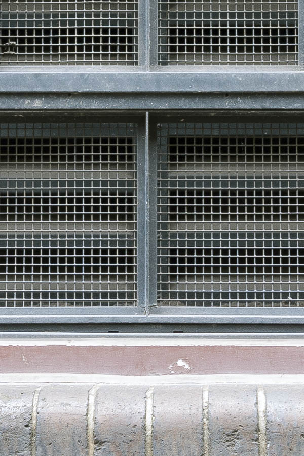 Photo 18906: Formed, latticed, teal and brown window with 24 panes