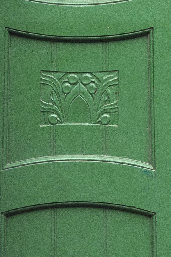 Photo 18988: Panelled, formed, carved, green double door  with door lights and top window