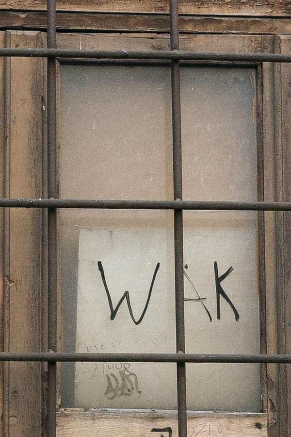 Photo 19516: Decayed, barred, brown window with four frames and nine panes