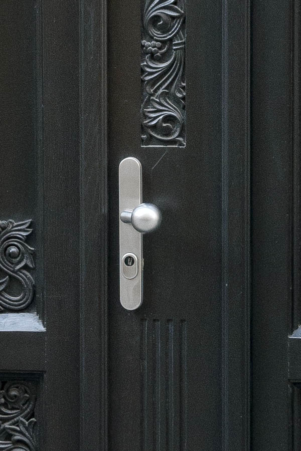 Photo 19518: Panelled, carved, formed, black double door with door lights