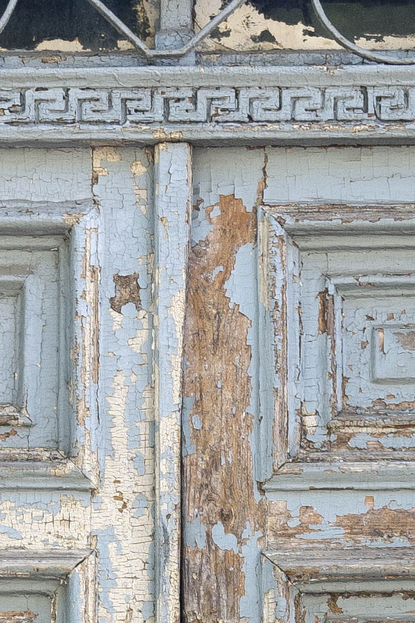 Photo 19569: Decayed, panelled, carved, latticed, light blue double door with top window