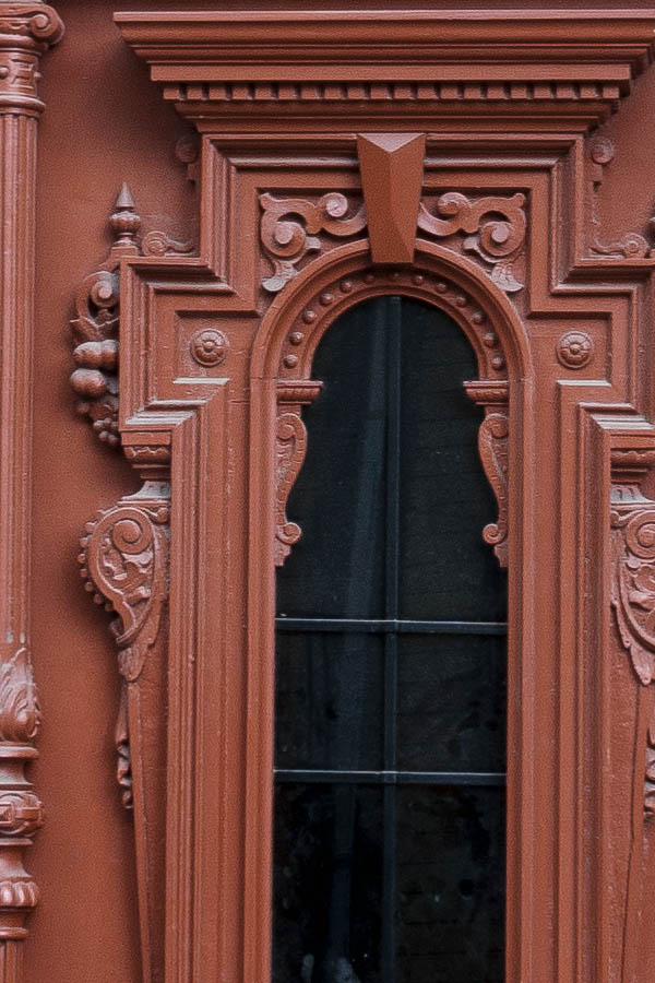 Photo 19723: Panelled, carved, brown door with sidepieces and fan light