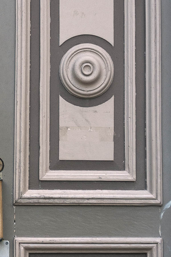 Photo 19739: Panelled, carved, latticed, grey, light yellow and brown double door with top window