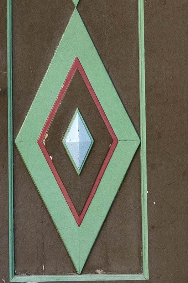 Photo 19860: Formed, carved, brown, green, red and light blue double door with fan light
