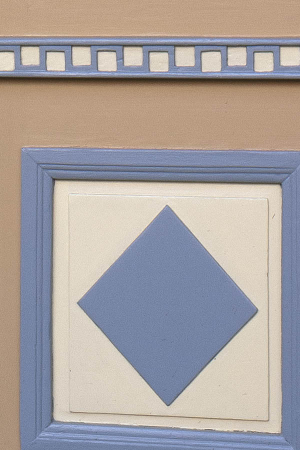 Photo 19889: Panelled, carved, light brown, light yellow and grey double door with top window