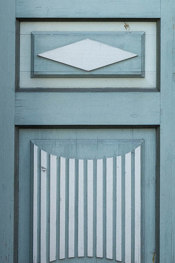 Photo 19903: Panelled, carved, teal and turquoise double door with top window