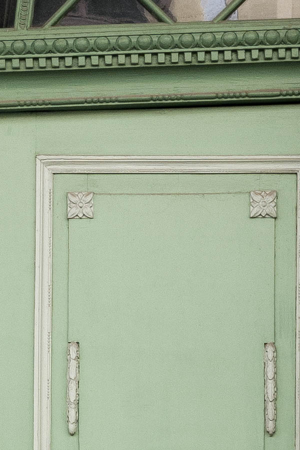 Photo 19955: Panelled, carved, light green, white and green double door with top window