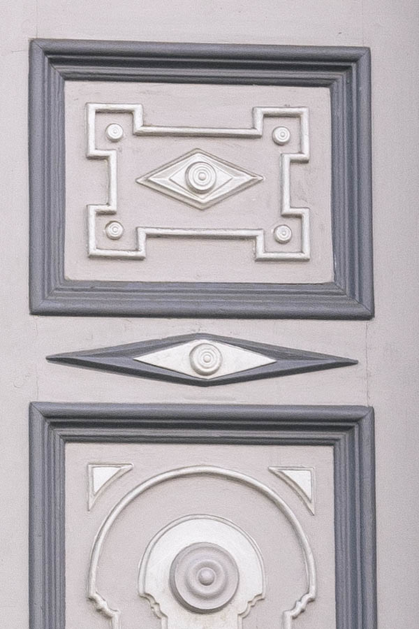 Photo 19957: Panelled, carved, grey, white and dark grey double door with top window