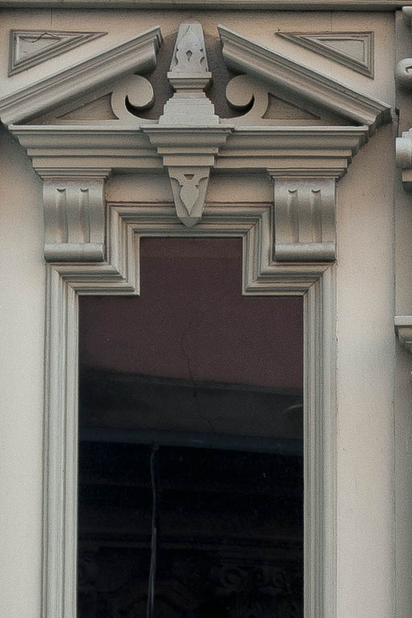 Photo 19963: Large, carved, panelled, grey and light grey double door with fan light