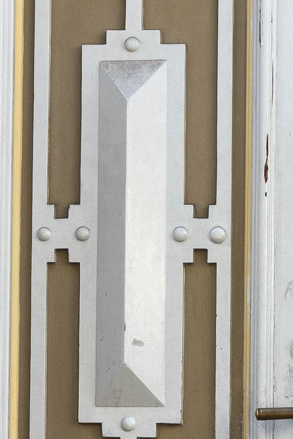 Photo 19974: Panelled, white, grey and light brown double door with top window