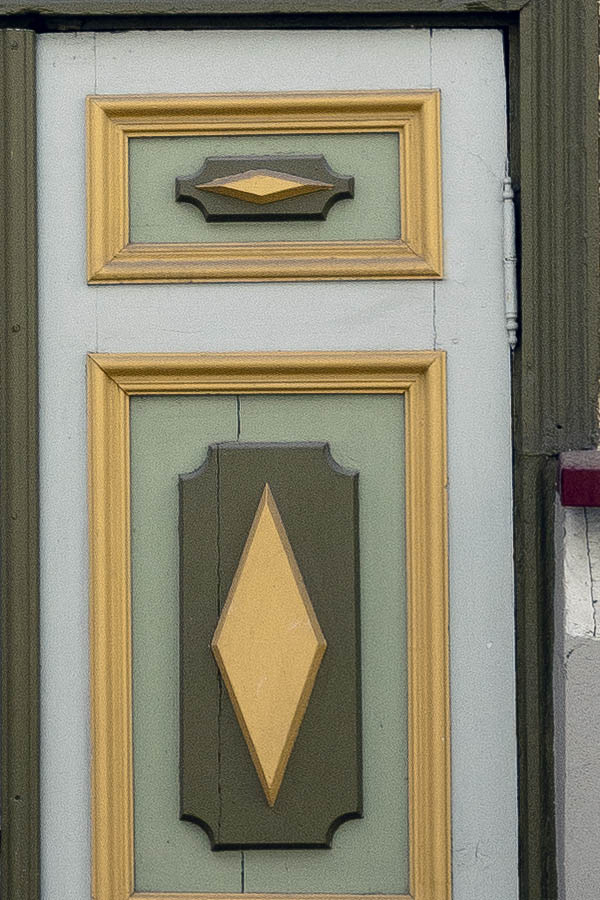 Photo 20138: Panelled, carved, grey, yellow, light green and green double door with grey top window
