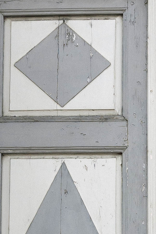 Photo 20140: Worn, panelled, grey and white double door with top window