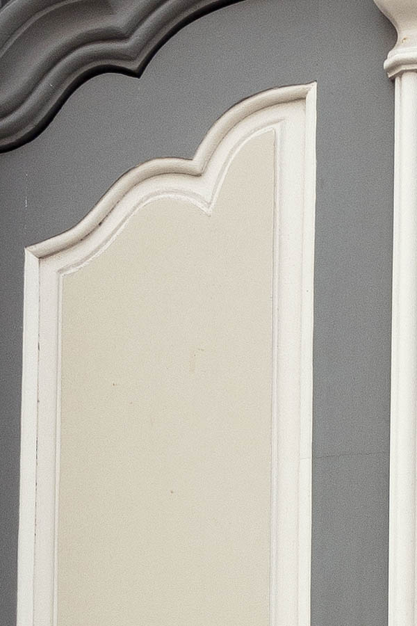 Photo 20158: Formed, panelled, grey, white and light yellow double doow with top window