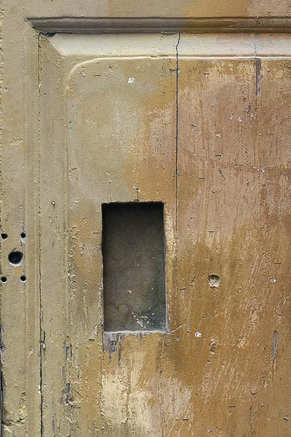 Photo 20166: Worn, panelled, green double door with top window