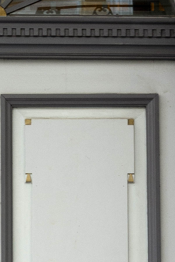 Photo 20186: Panelled, carved, grey and white double door with brown fan light