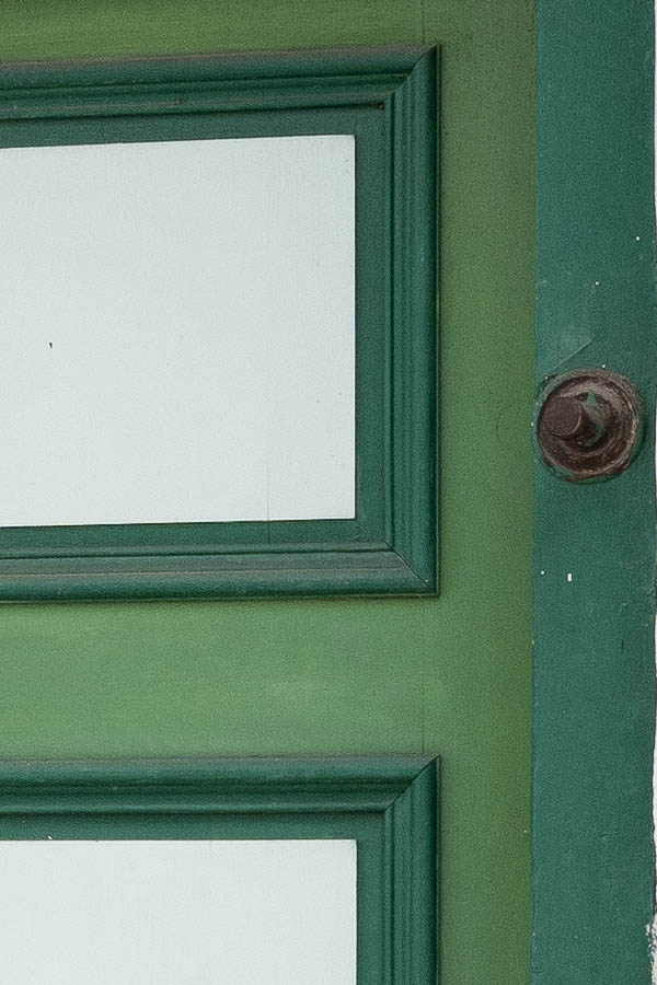Photo 20193: Panelled, green, light green and white double door with top window