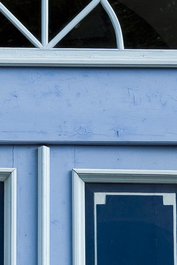 Photo 20205: Panelled, carved, light blue, blue and white double door with fan light