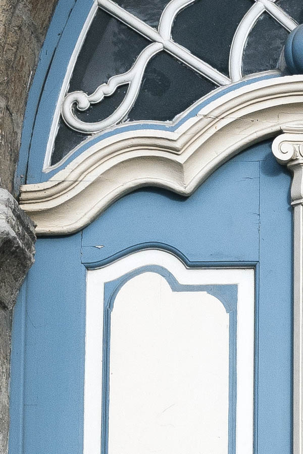 Photo 20211: Panelled, carved, formed, turquoise and white double door with fan light