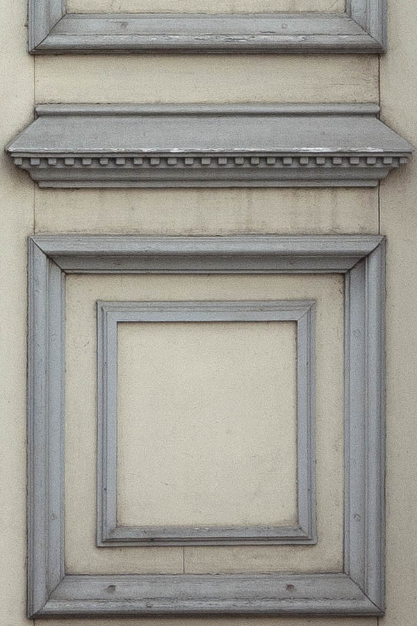 Photo 20224: Panelled, carved, grey and light yellow double door with top window