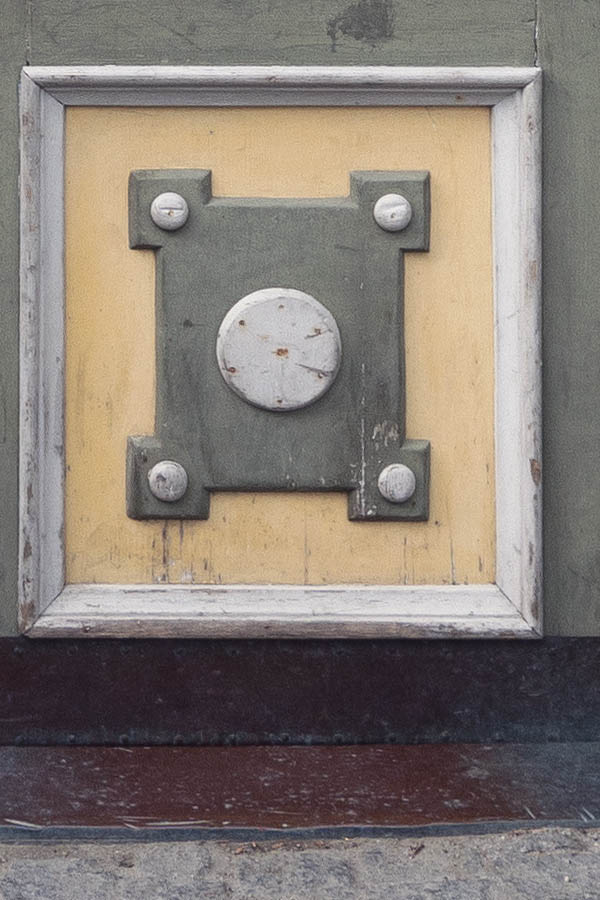 Photo 20237: Panelled, carved, grey, white and yellow double door with a black fan light