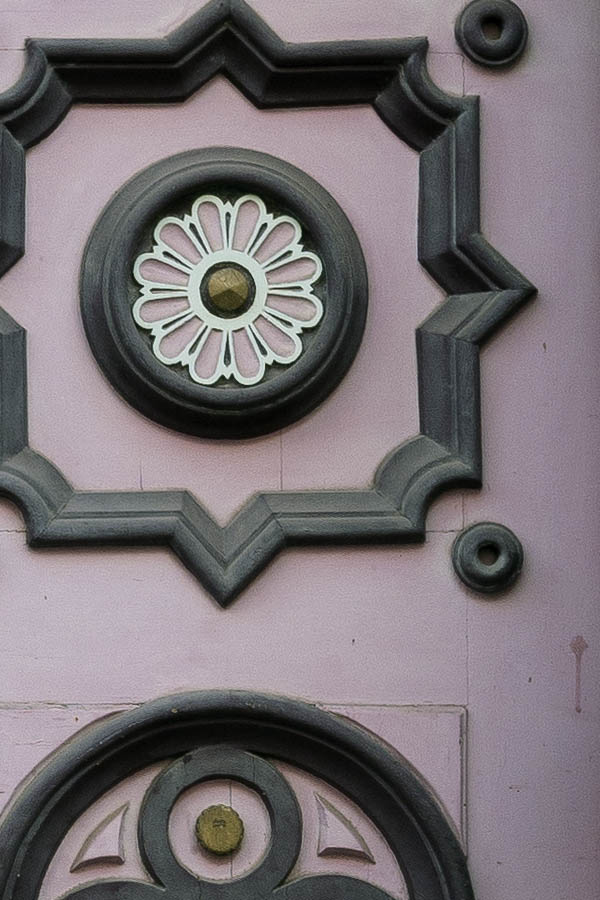 Photo 20241: Panelled, carved, pink, white and brown double door with top window