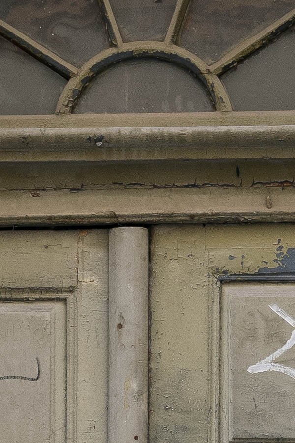 Photo 20247: Worn, panelled, carved, green double door with fan light