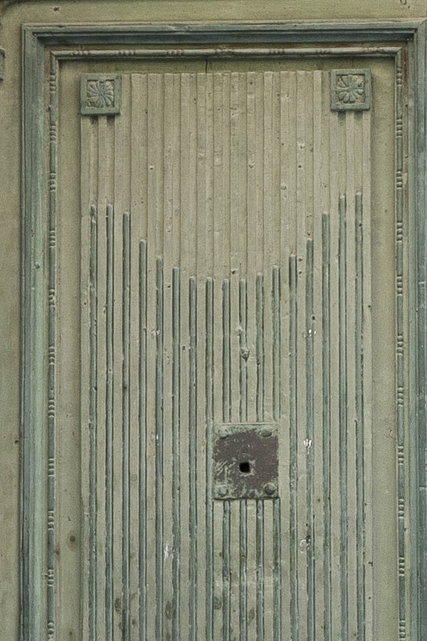 Photo 20248: Worn, panelled, carved, green double door with top window