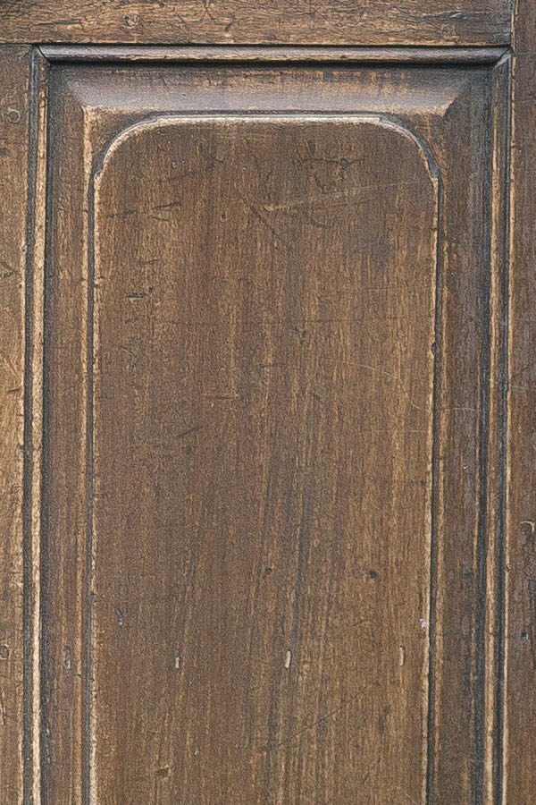 Photo 23845: Worn, panelled, brown door with sidepiece and latticed top window