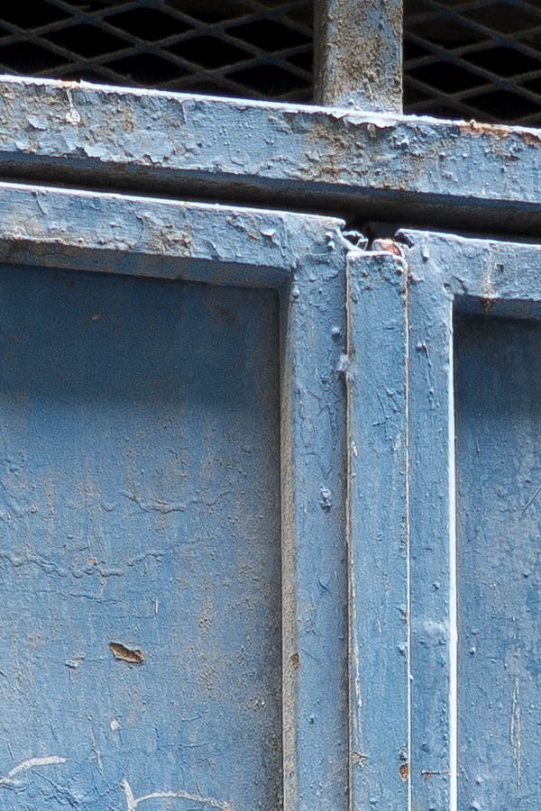 Photo 23916: Decayed, blue metal double door with top window