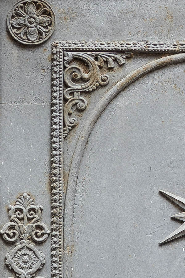 Photo 23938: Large, grey metal gate with cast-iron details and latticed fan light