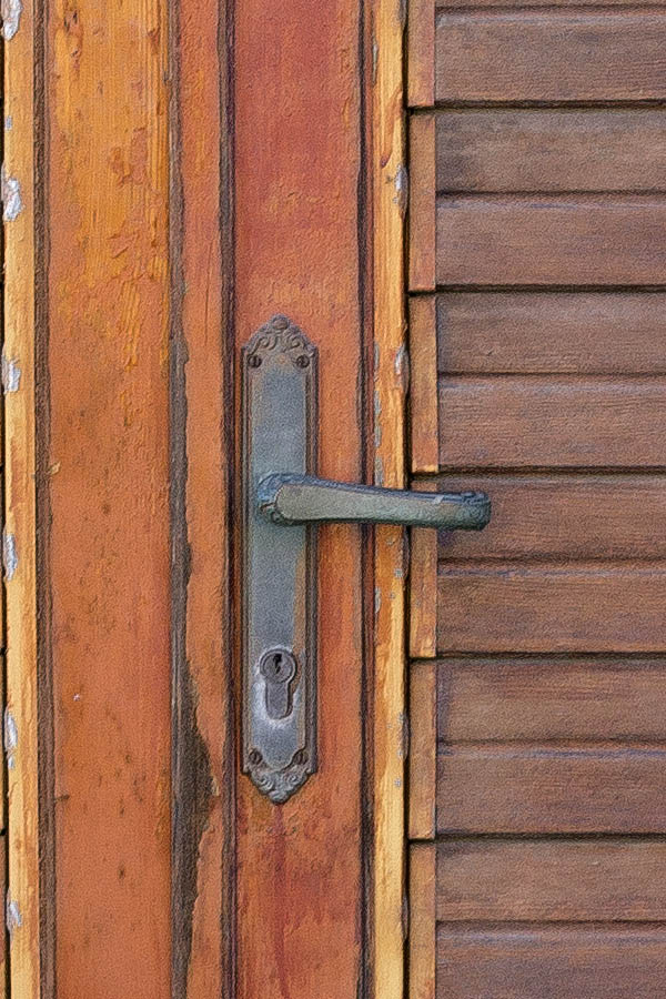 Photo 23967: Worn, panelled, orange double door