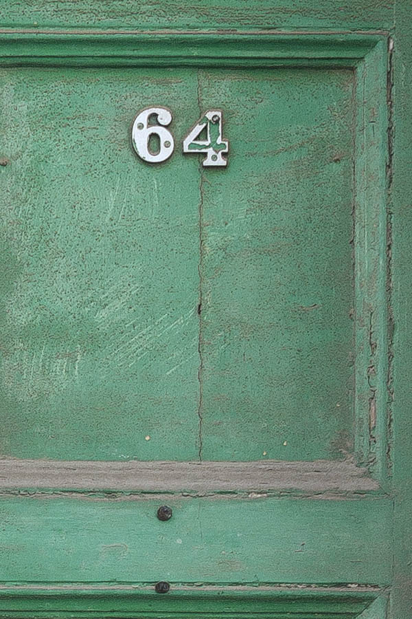 Photo 24161: Narrow, panelled, green double door with latticed top window