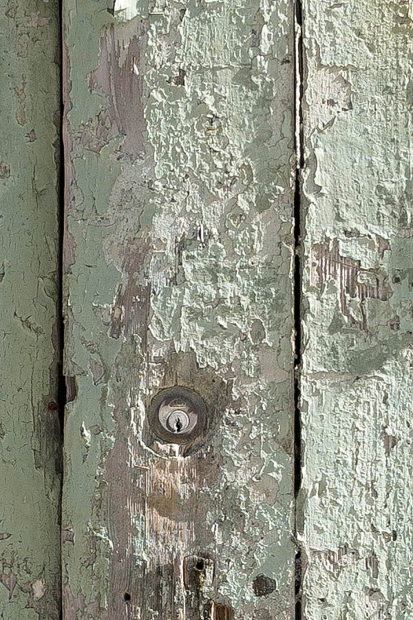 Photo 24177: Narrow, decayed, light green double door of planks