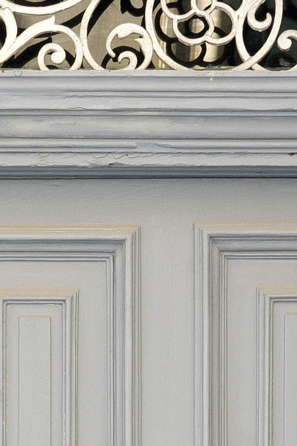 Photo 24181: Panelled, carved, grey double door with a large, latticed fan light