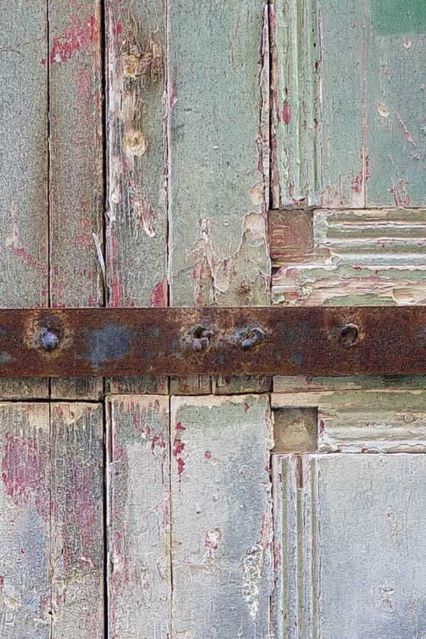 Photo 24222: Decayed, green, white and blue double door of boards