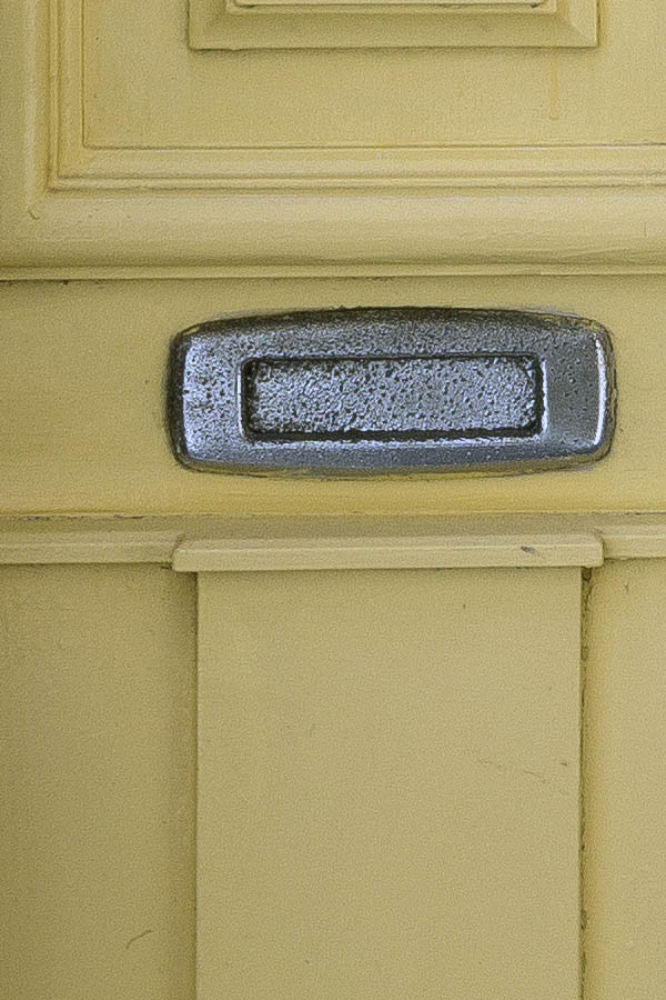 Photo 24259: Panelled, yellow double door with latticed top window