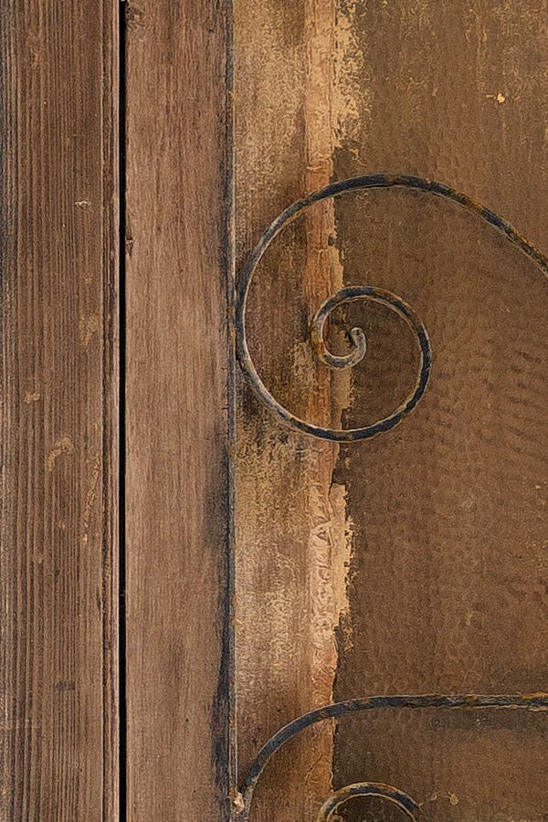 Photo 24264: Worn, panelled, unpainted double door with large, latticed door lights.