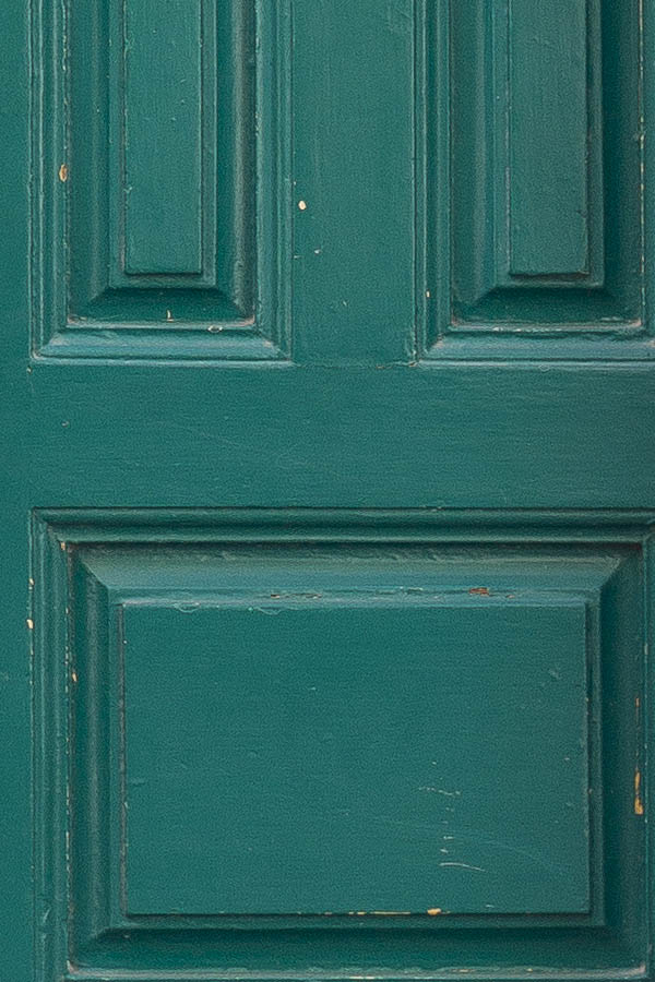 Photo 24291: Narrow, panelled, green double door with latticed top window
