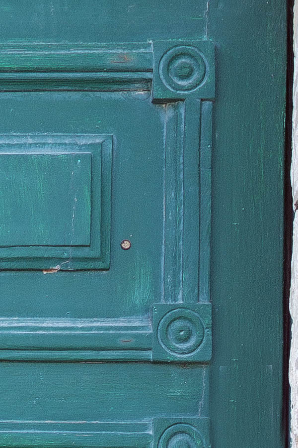 Photo 24315: Panelled, carved, teal double door with a narrow, latticed top window