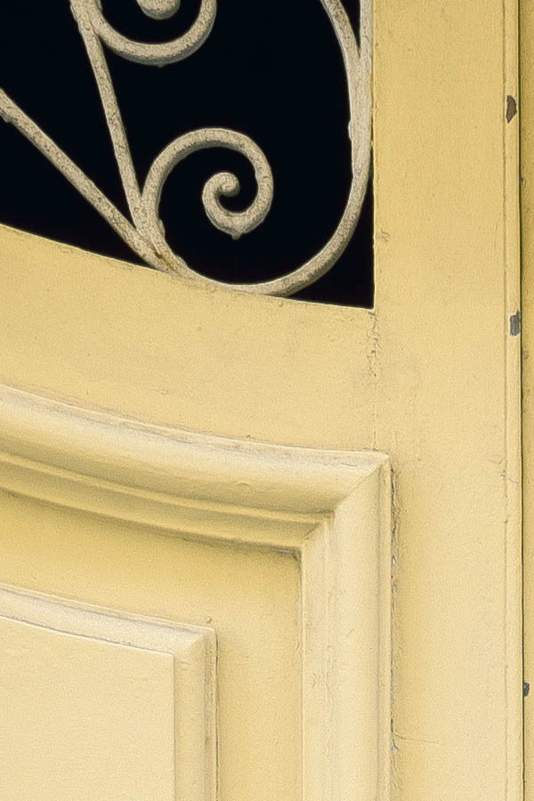 Photo 24323: Panelled, carved, light yellow double door with latticed, formed door lights