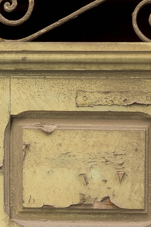 Photo 24330: Worn, panelled, carved, light green double door with latticed top window