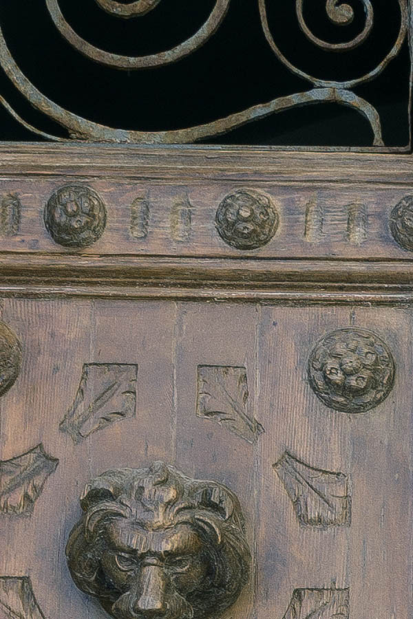 Photo 24377: Formed, carved, panelled, oiled double door with latticed door lights