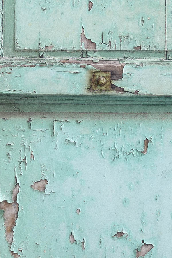 Photo 24392: Worn, panelled, light green double door with blocked fan light